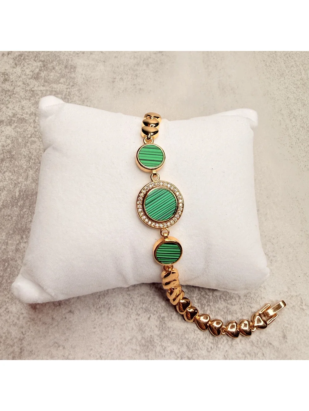 candy+clover Green Striped Enamel Cabochon Gold Heart Link Bracelet